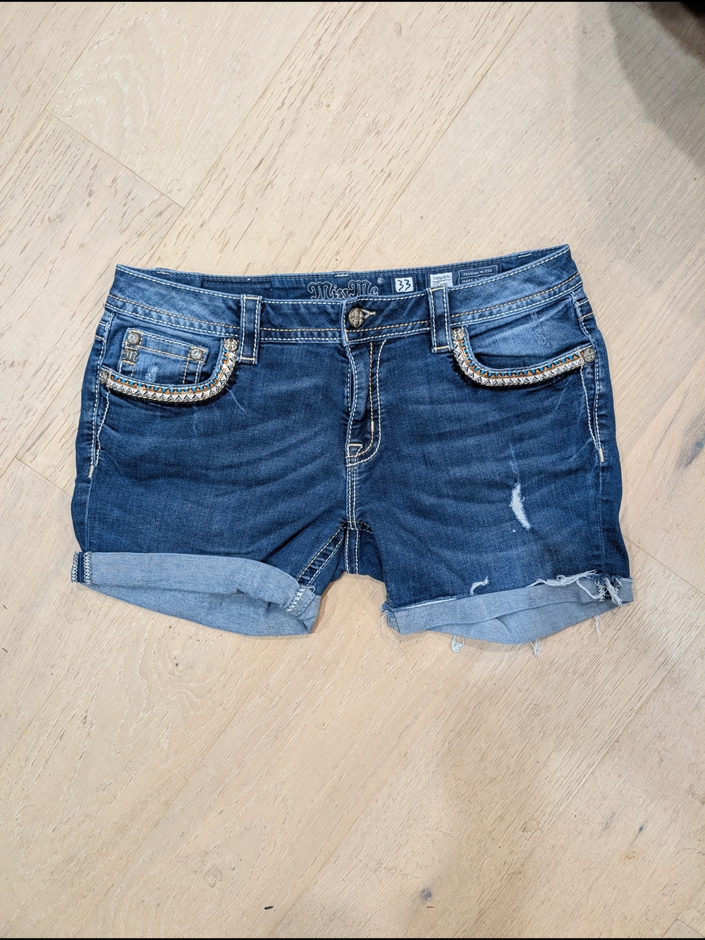 Miss Me Dark Blue Denim Cuffed Shorts with Rhinestone Trim